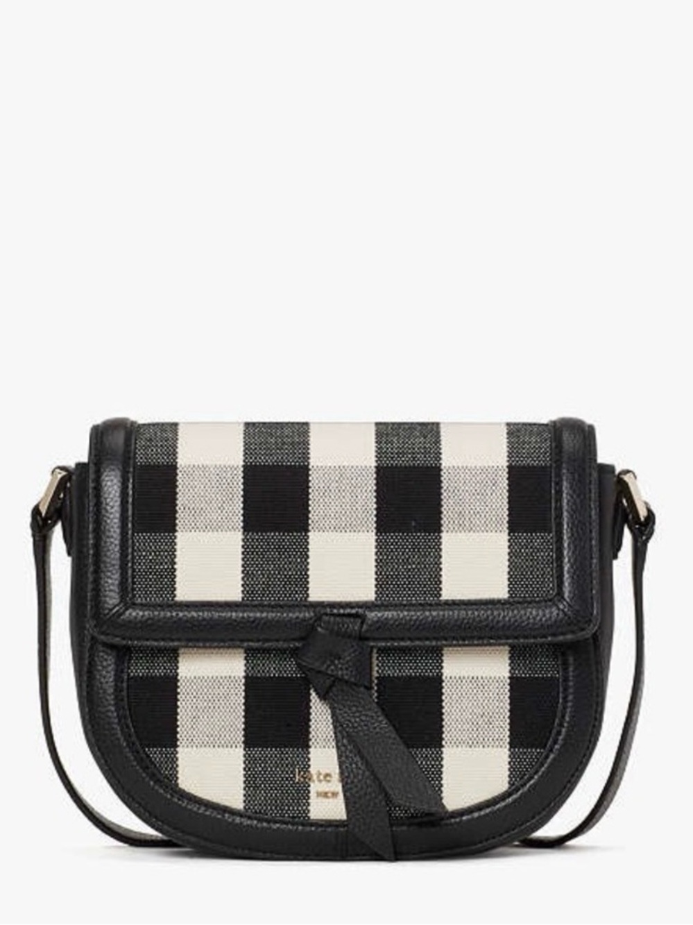 NWOT KATE SPADE Knot Gingham Medium Saddle Bag Black & Cream Crossbody